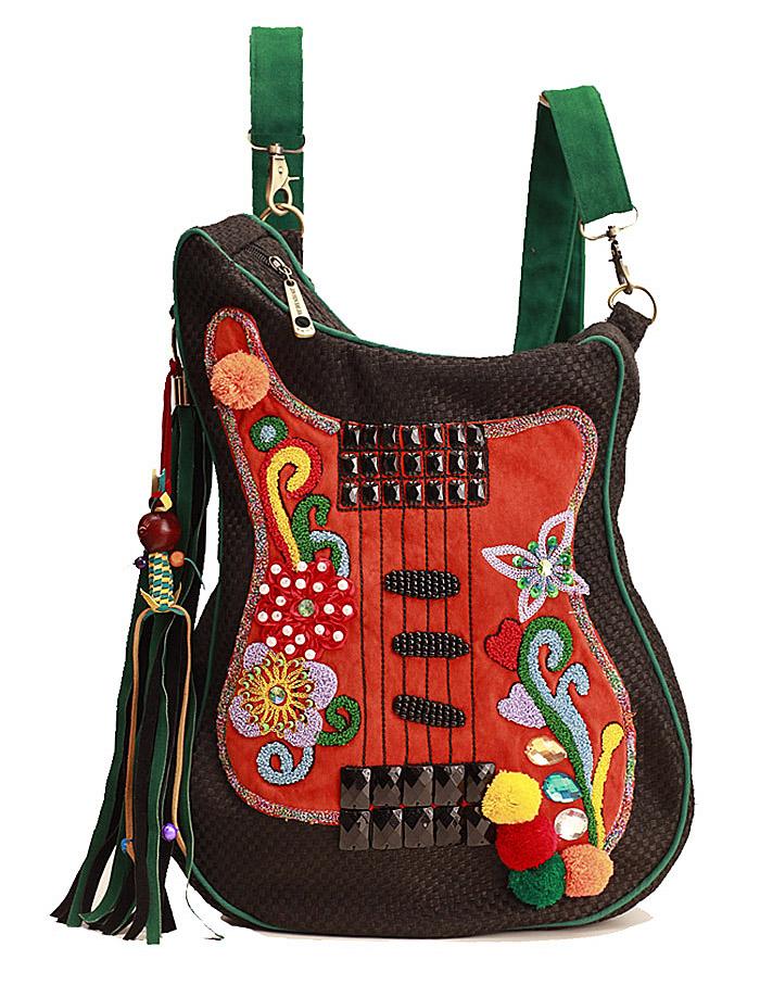 Guduo20128 Guitar Handmade Burlap Embroidered Messenger Shoulder Bag