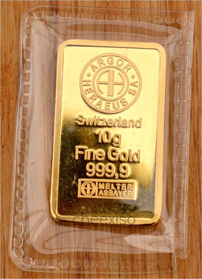 6 x ARGOR HERAEUS 10g 24ct Gold Plated Bullion Bar Ingots Replica *NO