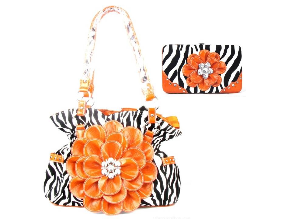 Purple Zebra Leopard Flower Rhinestone Fashion Handbag Purse Tote