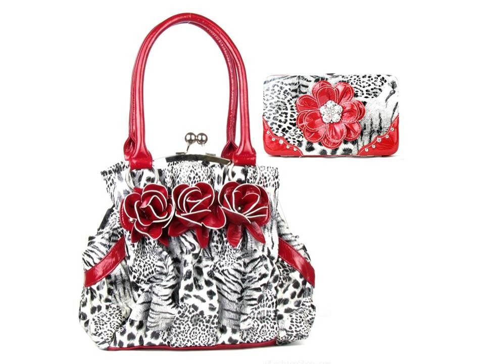 Purple Zebra Leopard Flower Rhinestone Fashion Handbag Purse Tote