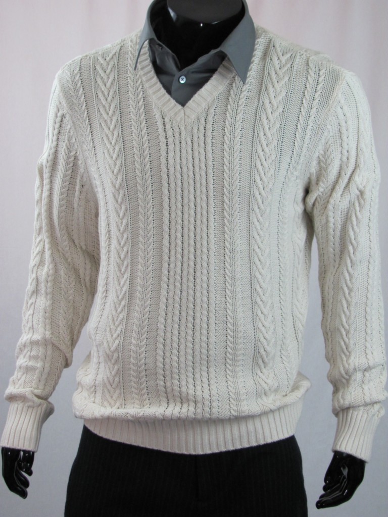 Vince Mens Cable Knit VNeck Sweater, Off White eBay