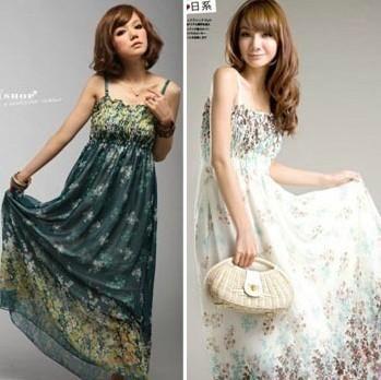 Womens-BOHO-Exotic-Summer-White-Chiffon-Long-Dress-Floral-Print-Free-Ship-5069