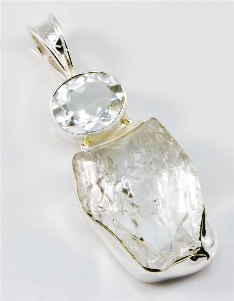 NATURAL HUGE ROUGH CRYSTAL QUARTZ PENDANT SOLID 925 SILVER JEWELRY