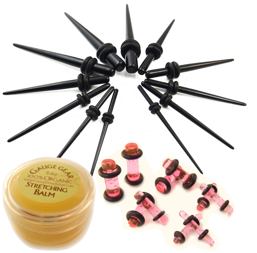 22 Pc Ear Stretching Black Taper Kit w/ plugs & GAUGE GEAR Choose