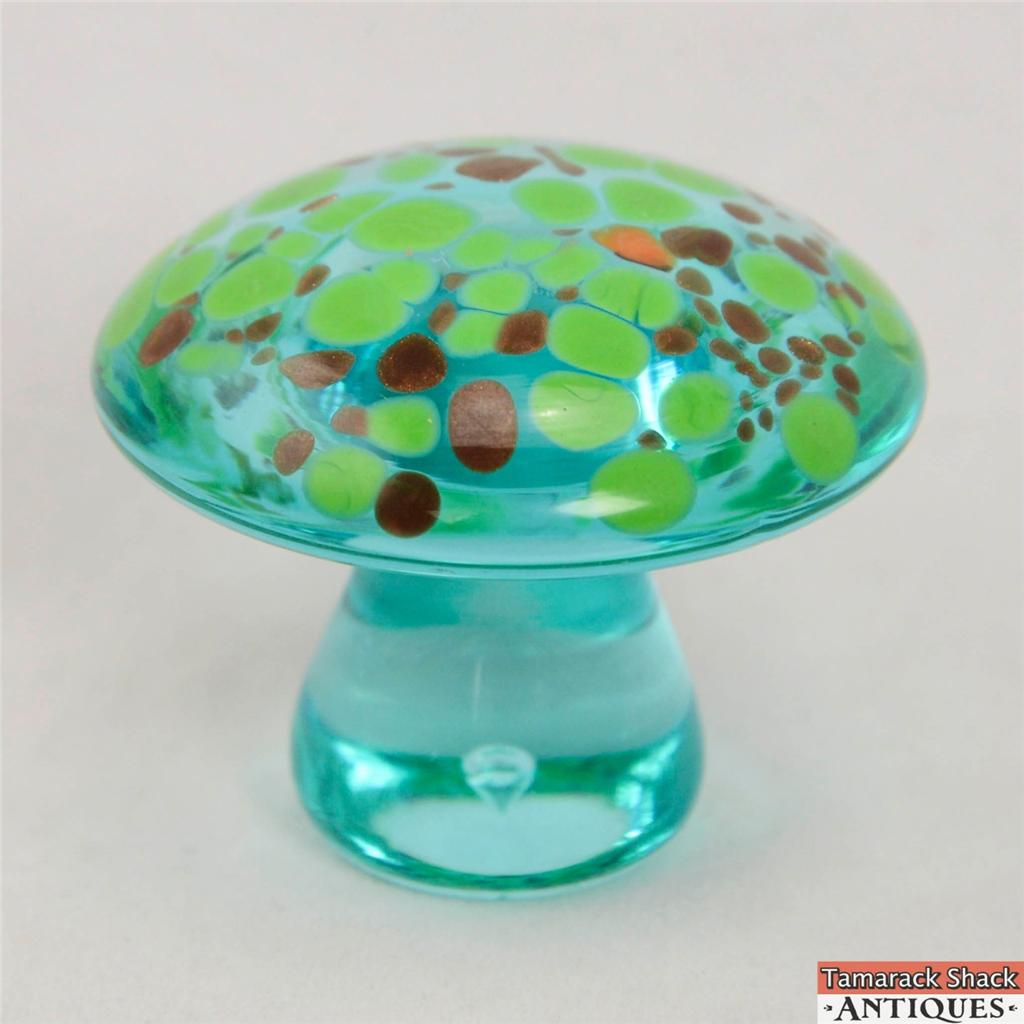 Teal Glass Mushroom Shaped Paperweight Green & Bronze Spotted Ground ...