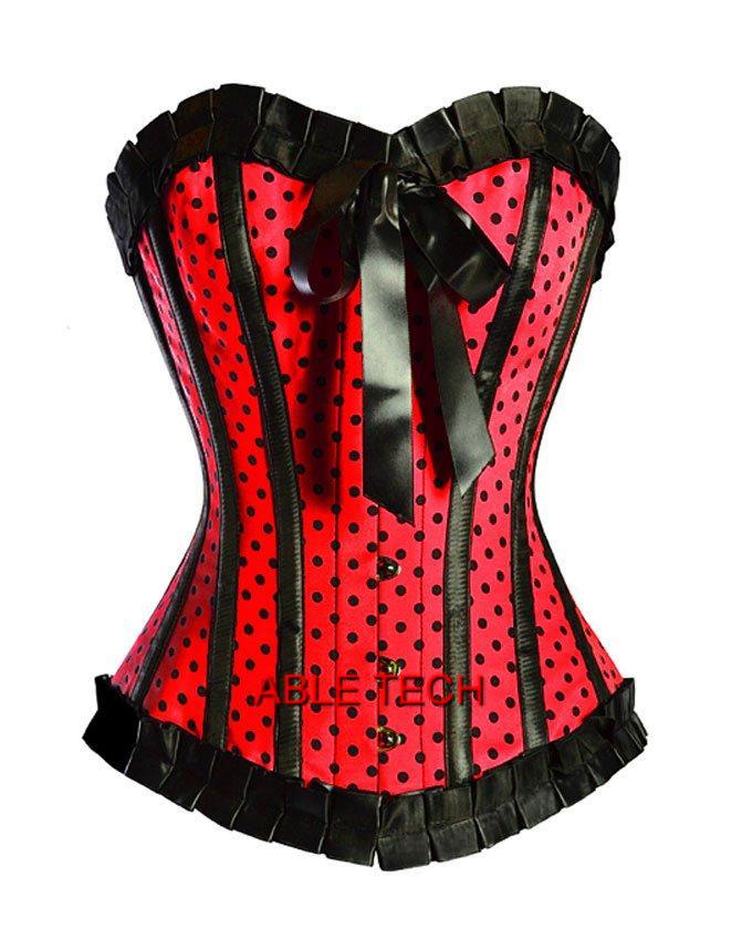 New Sexy Showngirl Dot Pin Up Burlesque Corset Lingerie Black White Pink Red