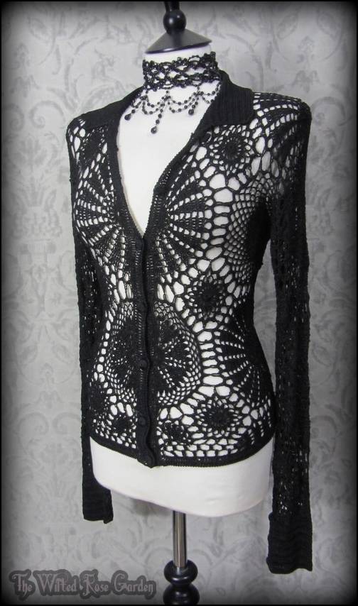 Goth Black Patterned Knit Cardigan Top XS 8 Hippie Boho Alternative 90 ...