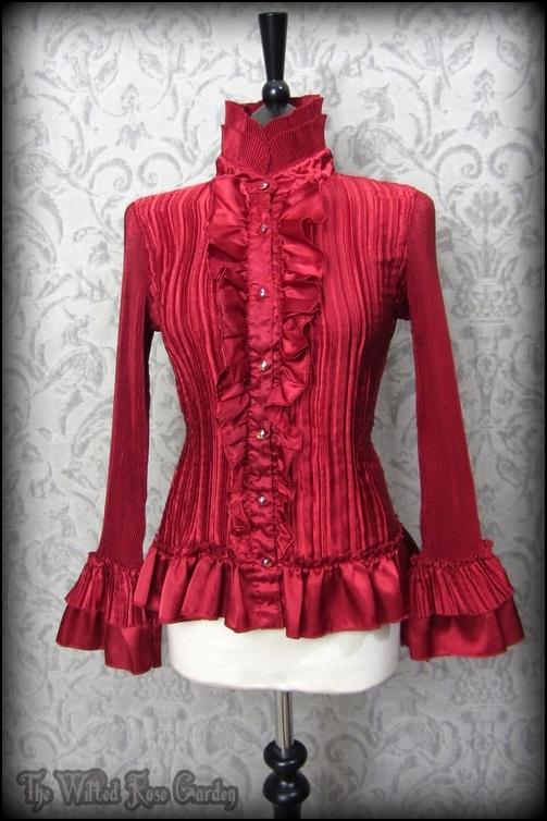 Elegant Gothic Frilly Red Satin High Neck Blouse S 8 10 Victorian Vamp Lolita | eBay