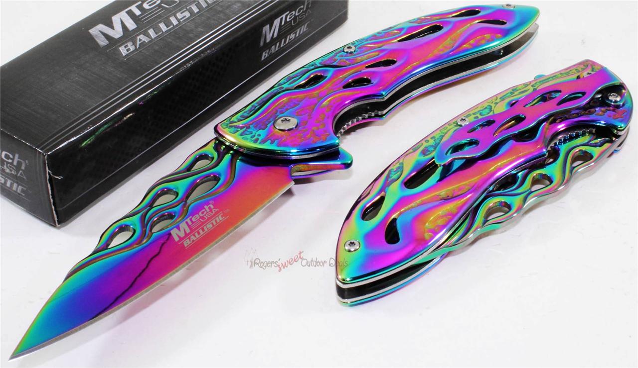 MTECH Executive Titanium Rainbow Flame Spring Assisted Folding Pocket Knife