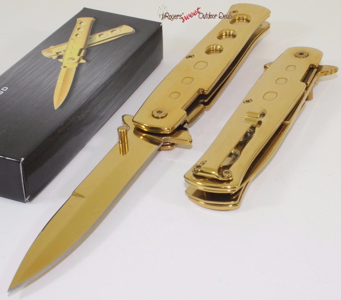 Super Full Gold Godfather Stiletto Spring Assisted Opening Folding