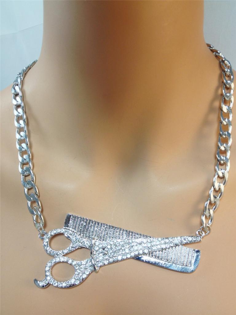 HairDresser Hair Stylist Oversized Crystal Shear and Comb Necklace eBay