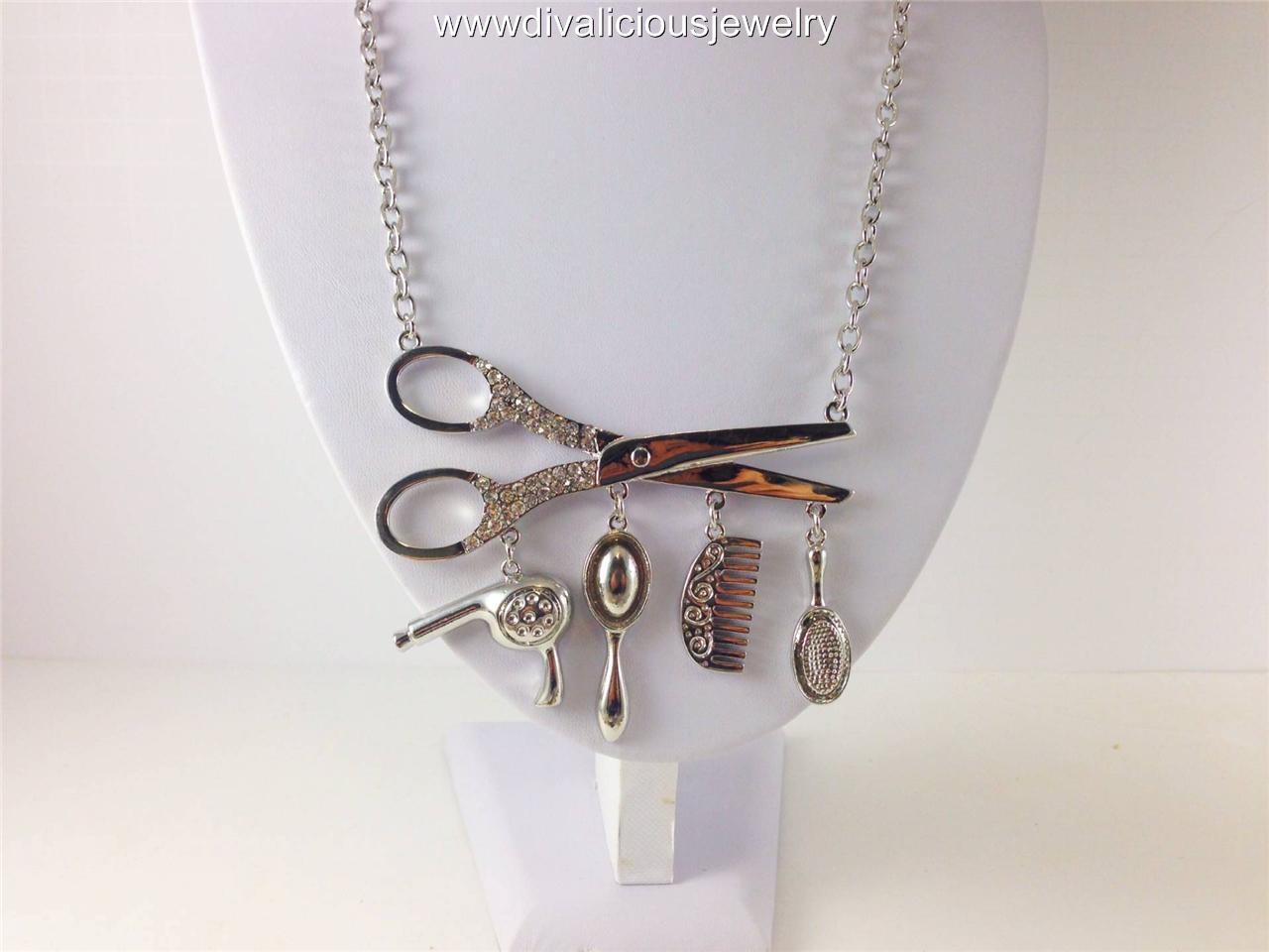 Crystal Scissors Hair Stylist Charm Necklace Gold or Silver