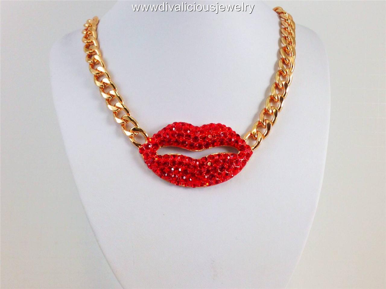 Crystal Lips Bling Diva Mob Wives Necklace Set Gold or Silver eBay