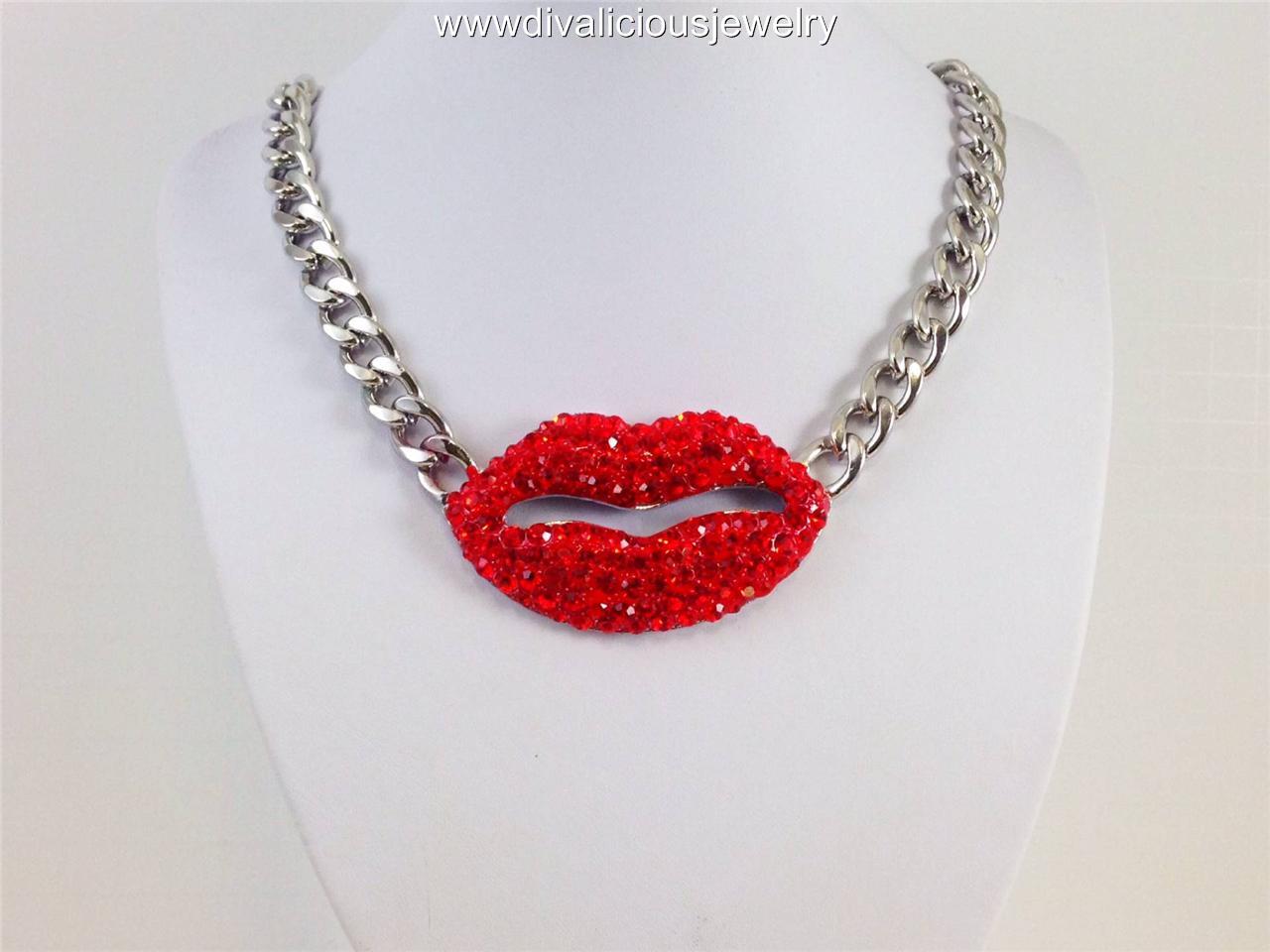 Crystal Lips Bling Diva Mob Wives Necklace Set Gold or Silver eBay