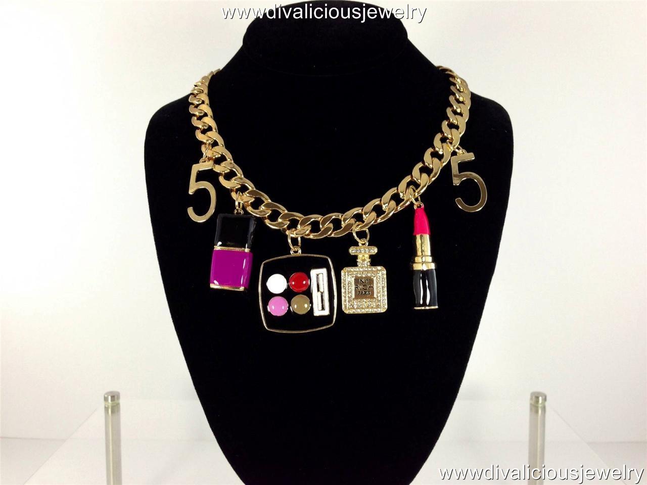 Makeup Lipstick Nail Polish Perfume Eyeshadow Charm Necklace Gold or