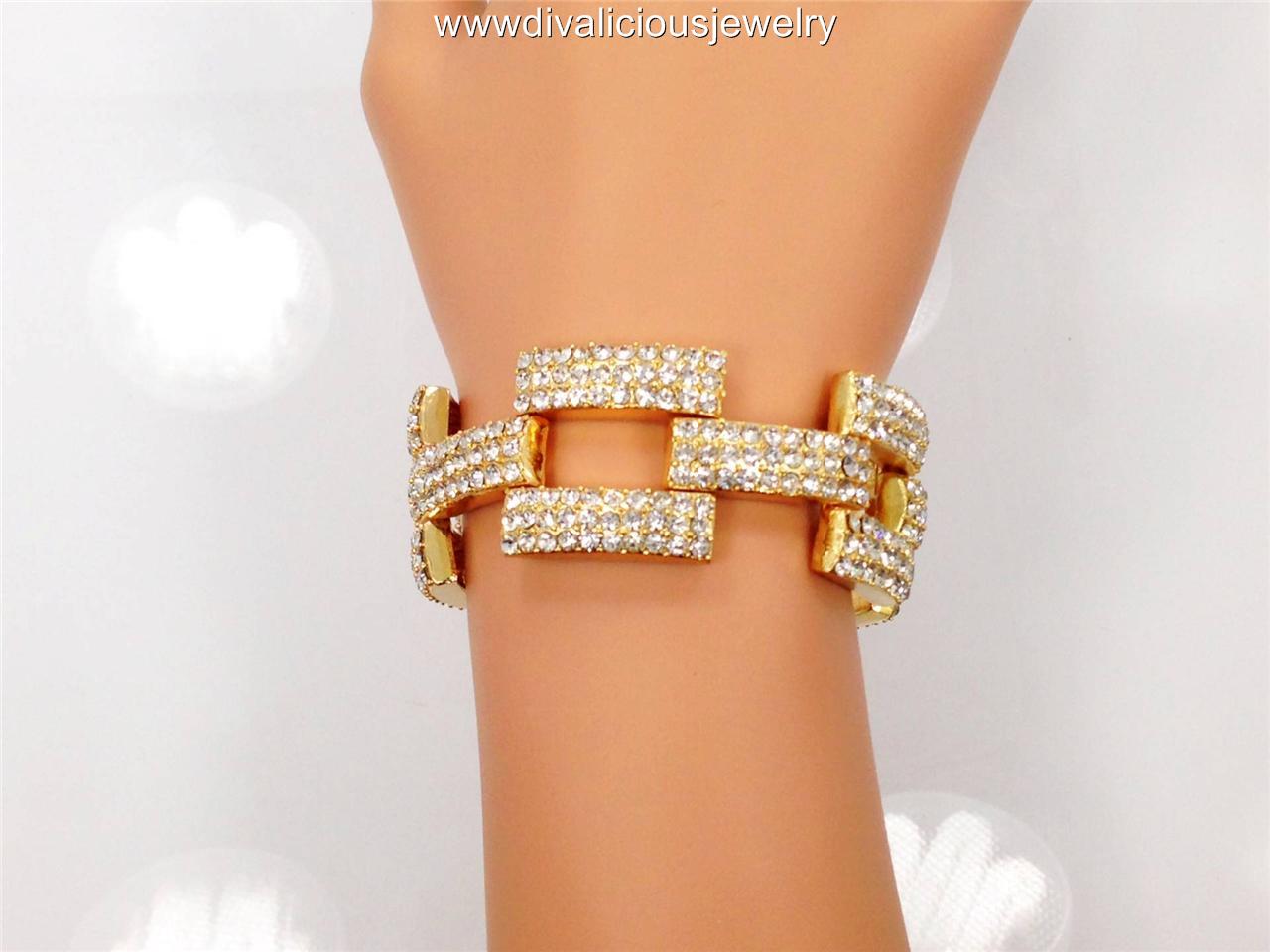 Crystal Rhinestone Chain Belt Buckle Diva Bling Bracelet Gold or