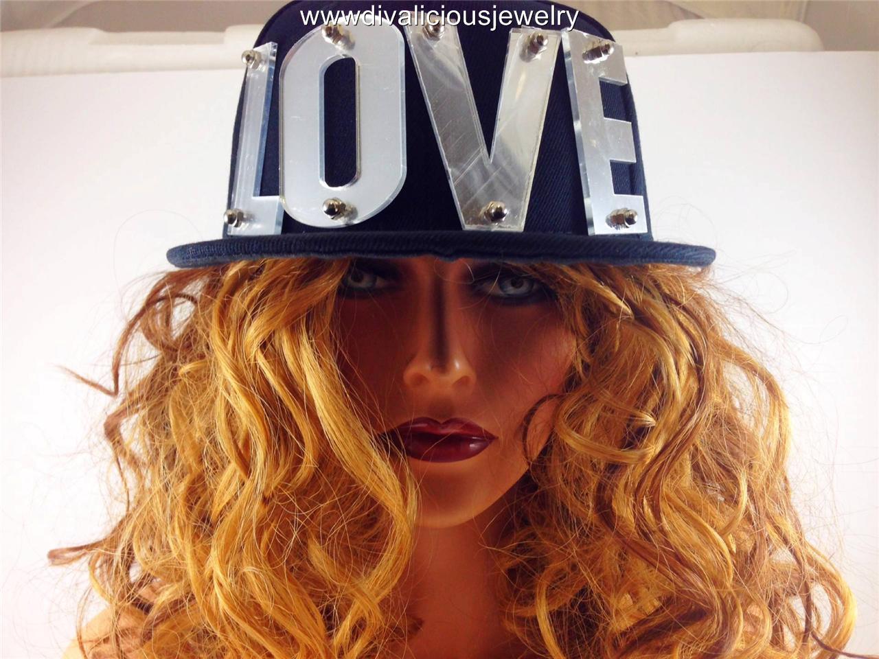 LOVE Statement Acrylic Letter Snapback Cap Hat Black with White or