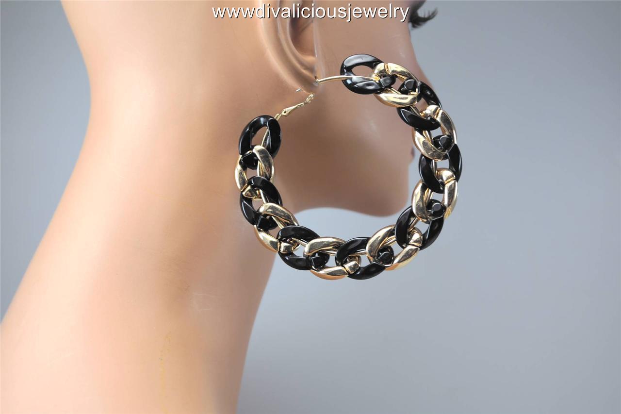 Jumbo Chain Link Lightweight Dual Color Diva Hoop Earrings Black Jumbo Chain Link Lightweight Dual Color Diva Hoop