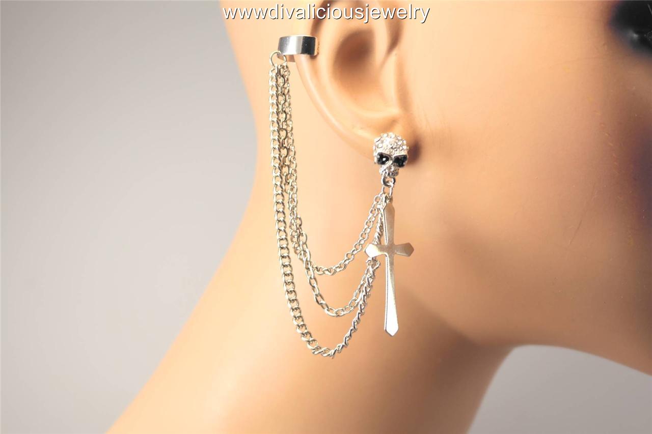 Crystal Skull Cross Chain Diva Ear Cuff Earring Gold Or Silver Ebay Crystal Skull Cross Chain Diva Ear Cuff Earring