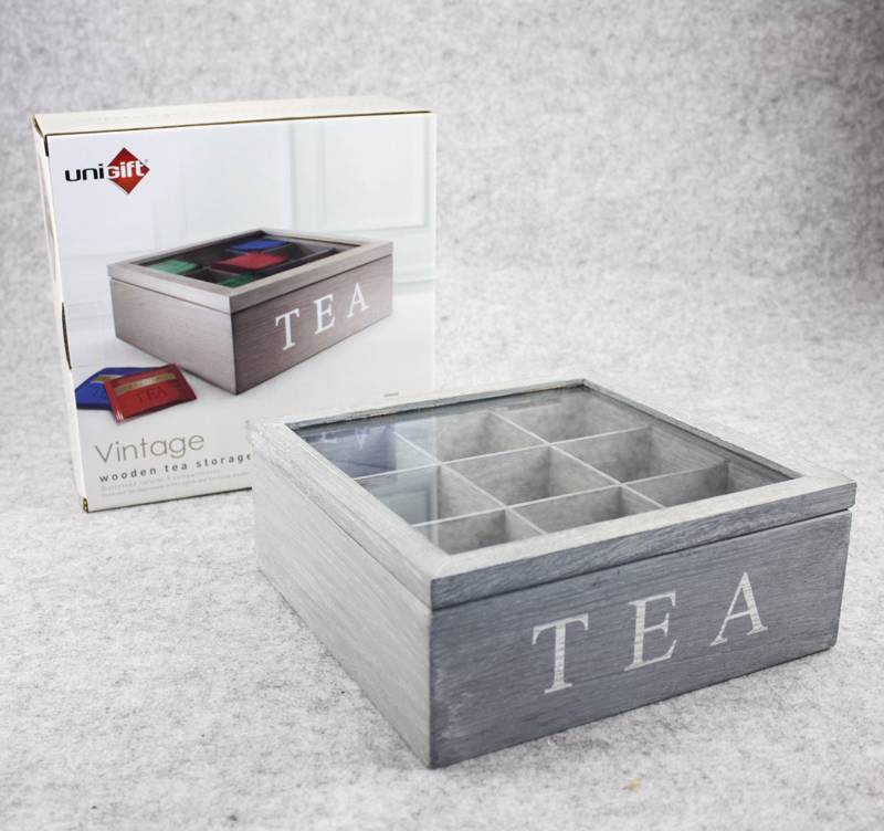 9 Division Compartment Vintage Wooden Tea Bag Storage Box Container w
