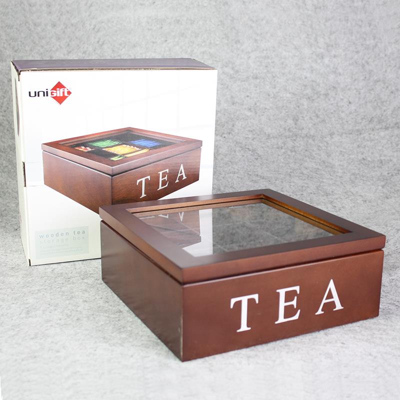 9 Division Compartment Vintage Wooden Tea Bag Storage Box Container w