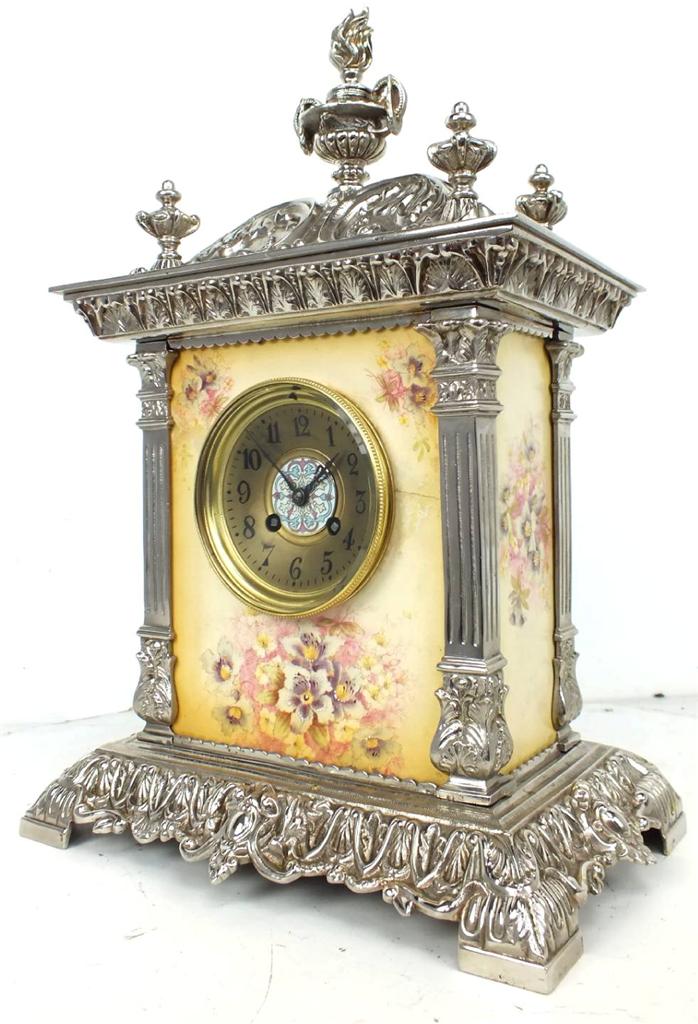 Antique Silver Mantel Clock 8 day Antique French Sevres Porcelain