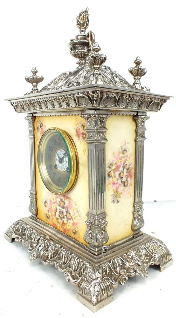 Antique Silver Mantel Clock 8 day Antique French Sevres Porcelain