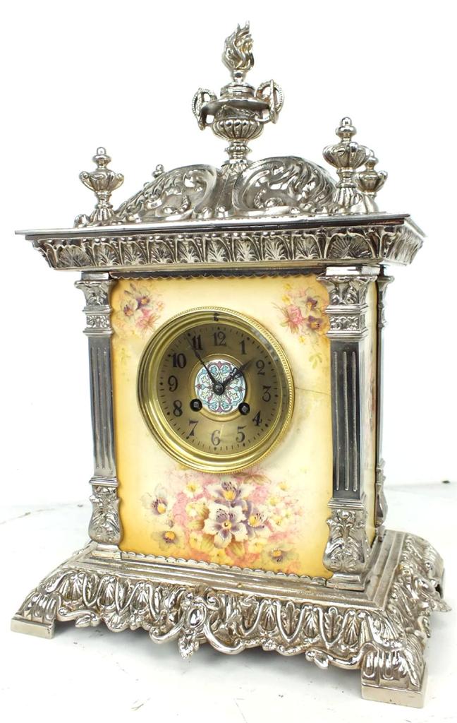 Antique Silver Mantel Clock 8 day Antique French Sevres Porcelain