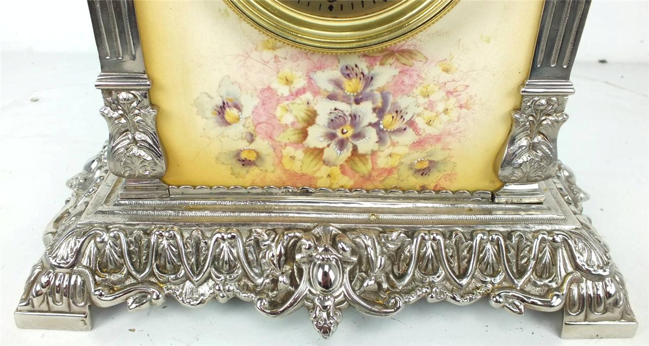 Antique Silver Mantel Clock 8 day Antique French Sevres Porcelain