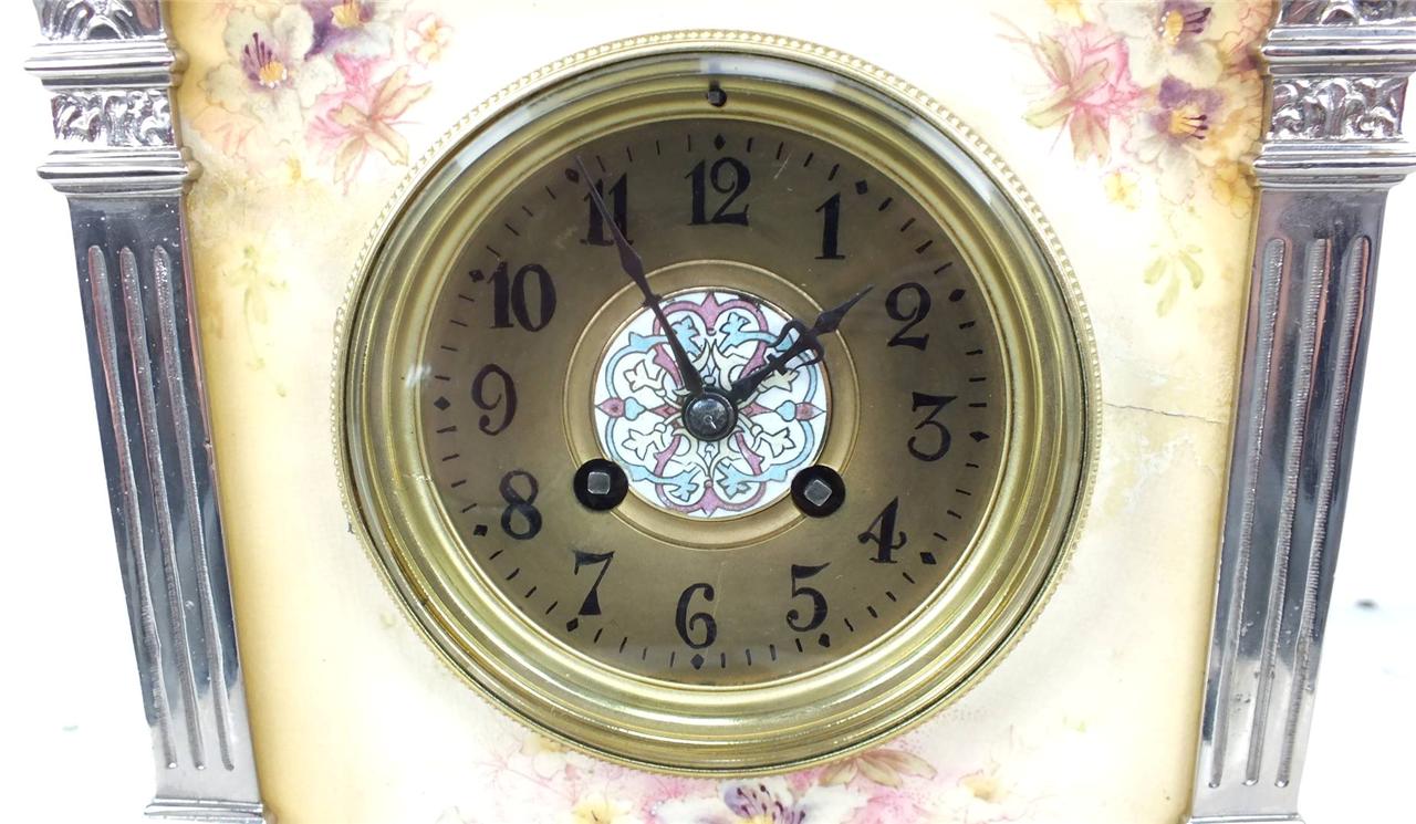Antique Silver Mantel Clock 8 day Antique French Sevres Porcelain