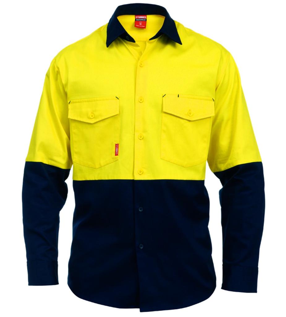 Stubbies Hi Vis Long Sleeve Spliced Cotton Drill Shirt Workwear Yellow