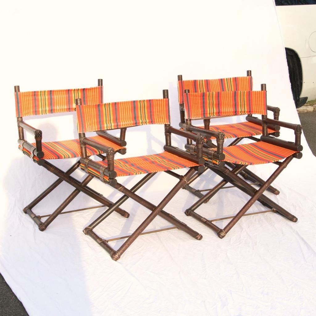 4 Vintage McGuire Director's X Chairs c1960 Brass Leather Oak Orig