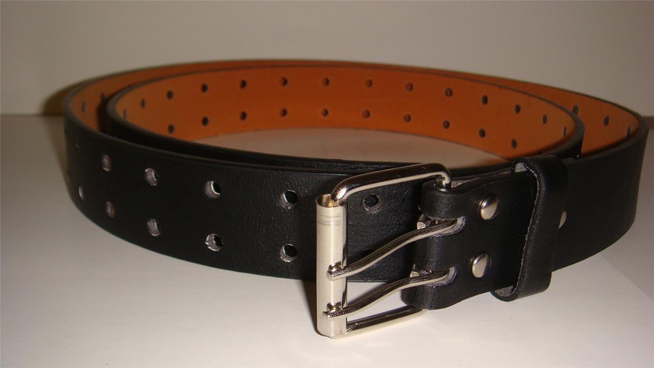 Men Big Tall Black Leather Belt Two Hole Row Size Available 46 48 50 52