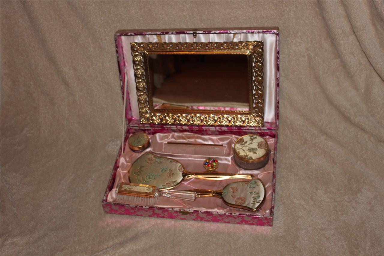 VINTAGE VANITY BRUSH MIRROR SET DRESSER COMB CREAM POWDER JARS JEWELED PERFUME eBay