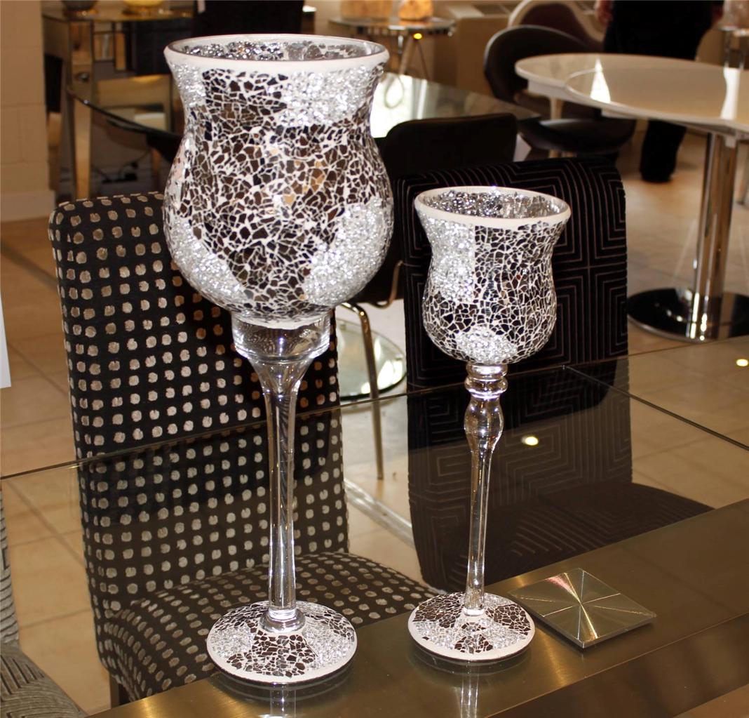 TWO Tall Large Glass Goblet Hurricane Candle Holders Mosaic Silver