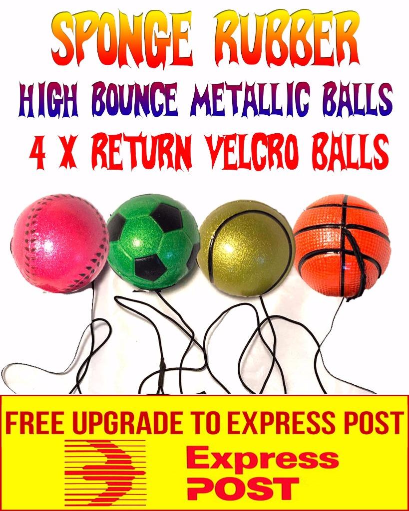 SPONGE RUBBER METALLIC HIGH BOUNCE RETURN BALL x 4 Velcro Wrist Elastic