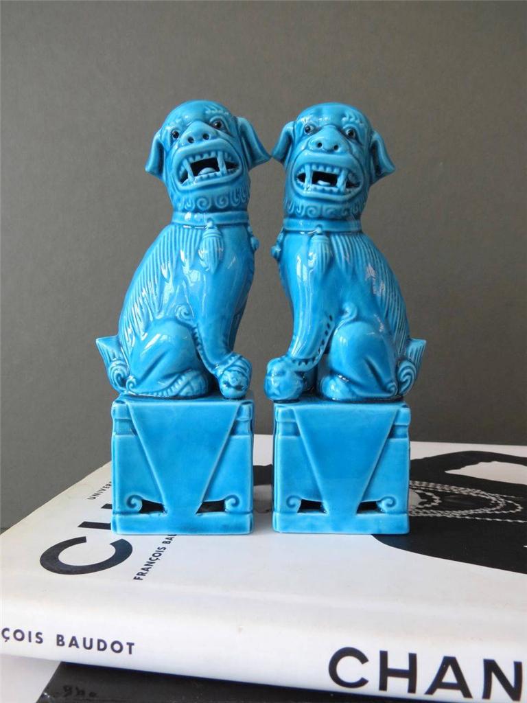 Vintage Pair of Turquoise Blue Chinese Foo Dogs Figurines Statues Foo Dog