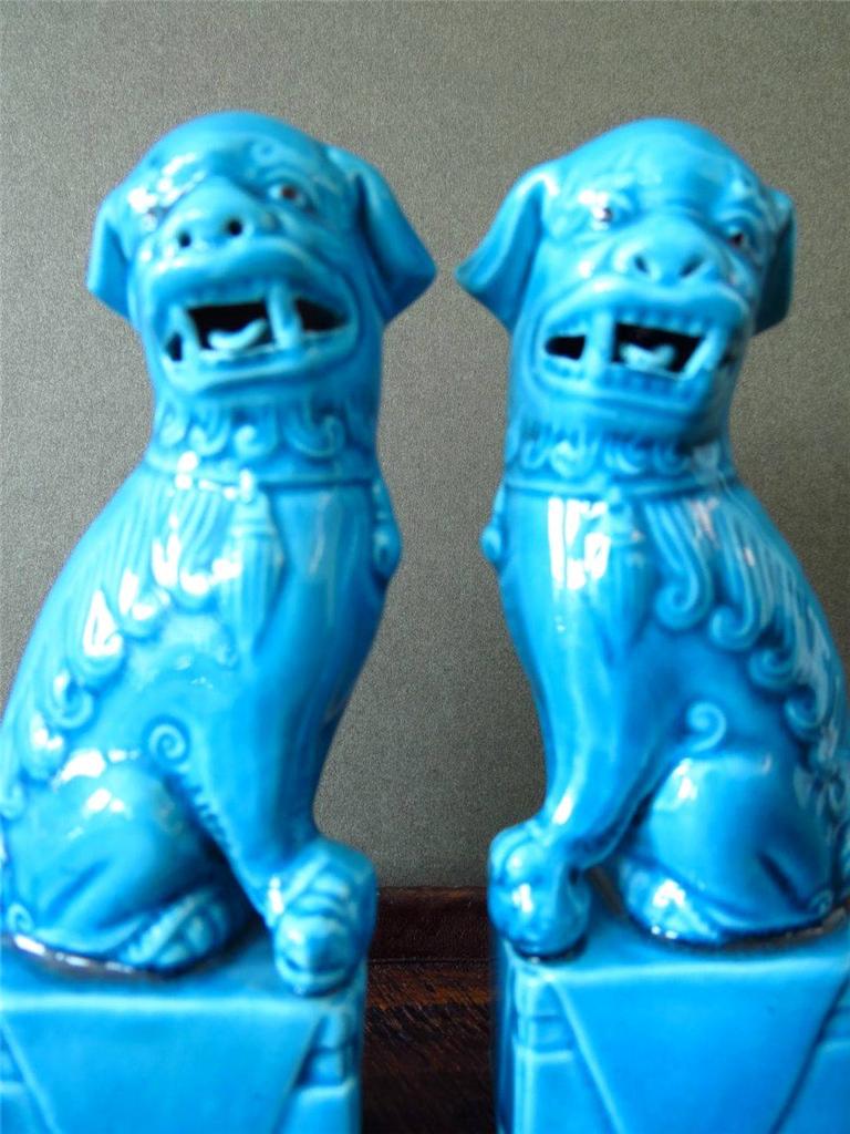 Vintage Pair of Turquoise Blue Chinese Foo Dog Figurines Statues Foo Dogs