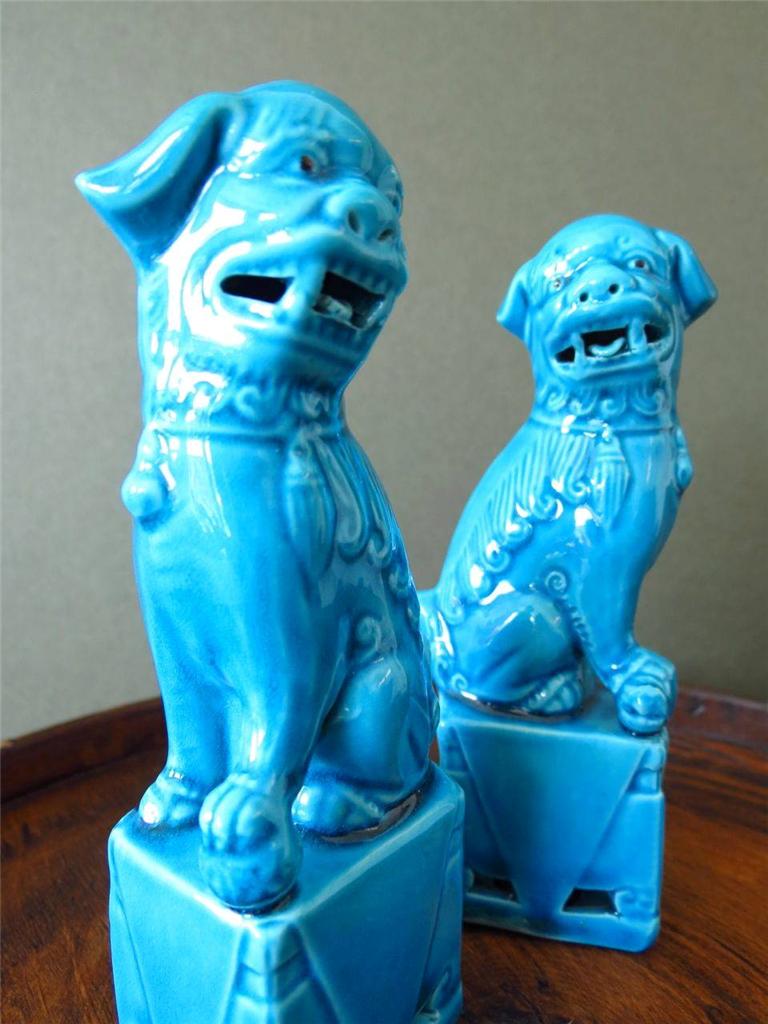 Vintage Pair of Turquoise Blue Chinese Foo Dog Figurines Statues Foo Dogs