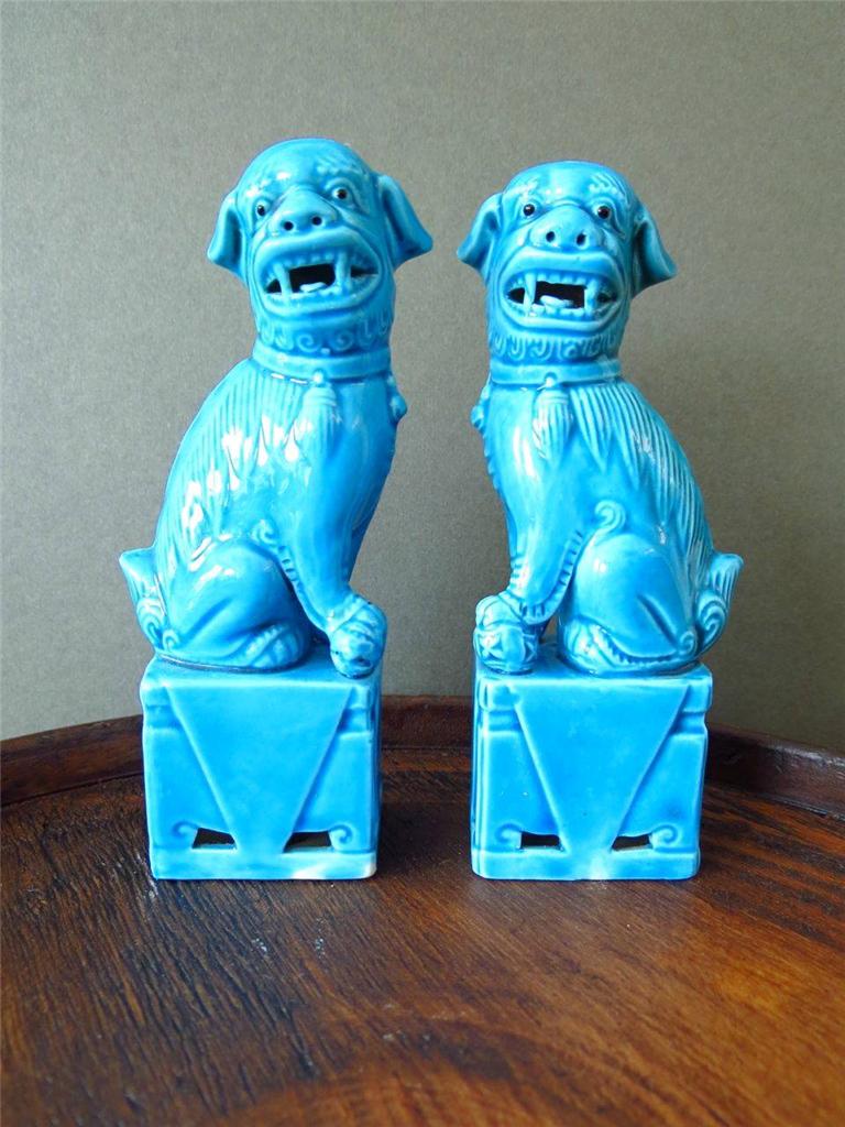 Vintage Pair of Turquoise Blue Chinese Foo Dog Figurines Statues Foo