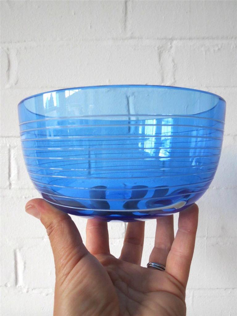 Vintage Villeroy & Boch Blue Glass Crystal Bowl with White Swirl Rare