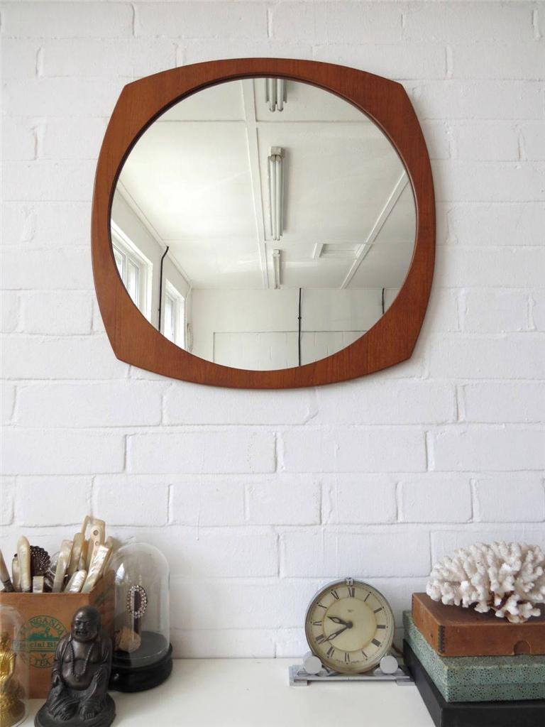 Vintage Large Round Danish Teak Wall Mirror Modernist Mid Century