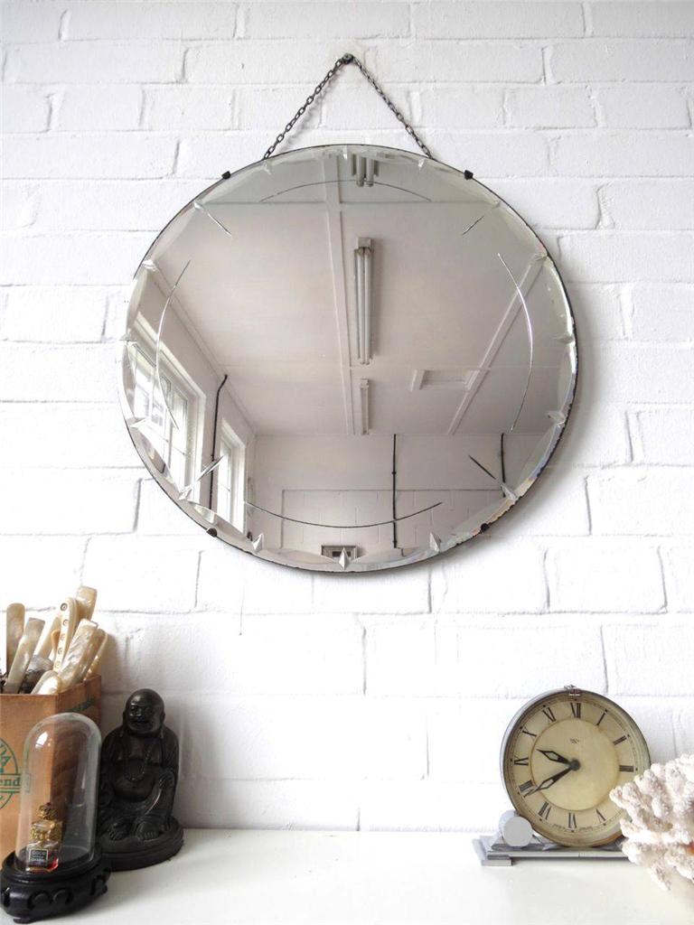 Vintage Large Round Bevelled Edge Wall Mirror Engraved Art Deco Beveled