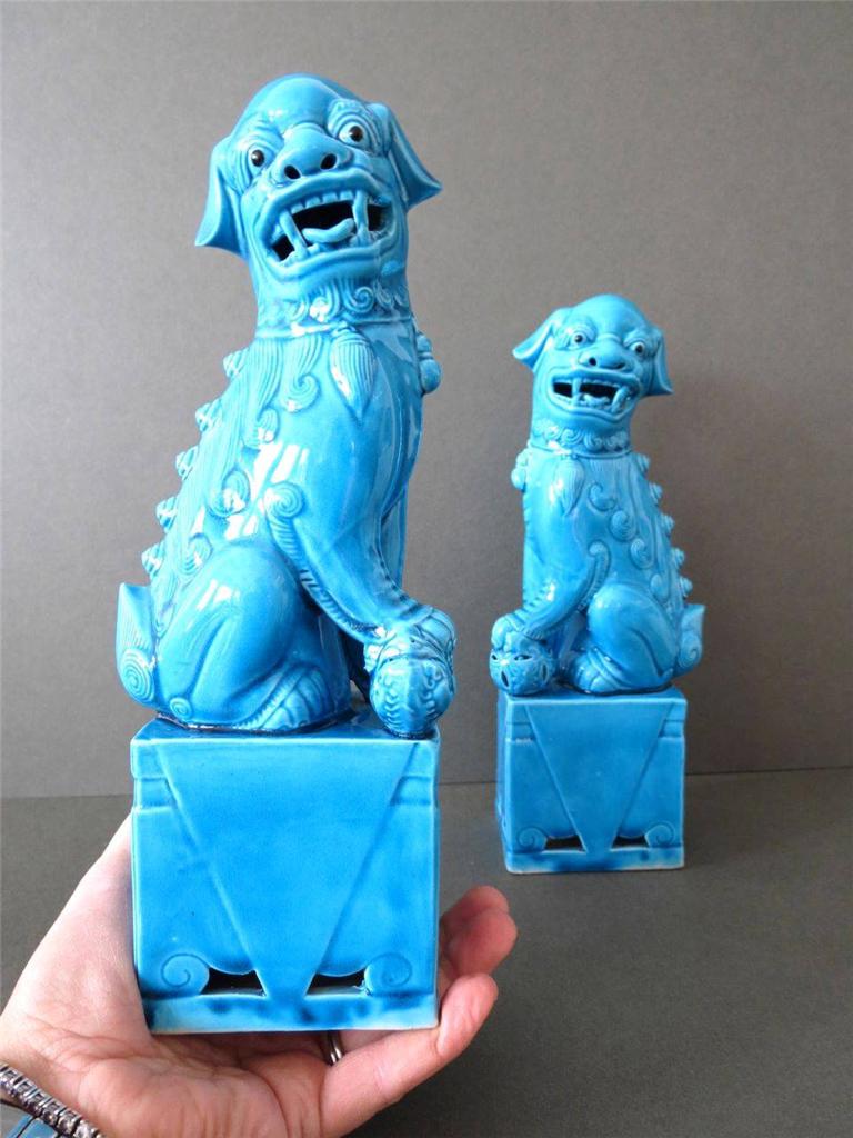 Vintage Large Turquoise Blue Chinese Foo Dog Figurines Statues Great