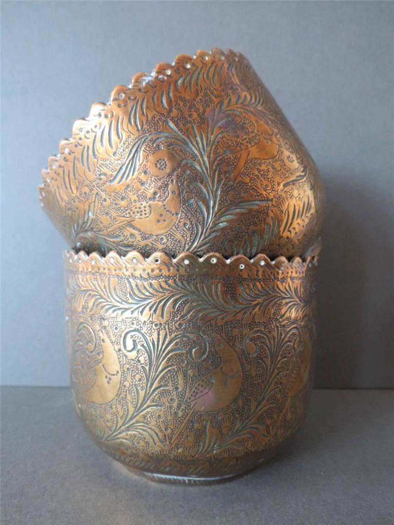 Vintage 2 Engraved Brass Bowls Holders Decorative Ornate Oriental Asian