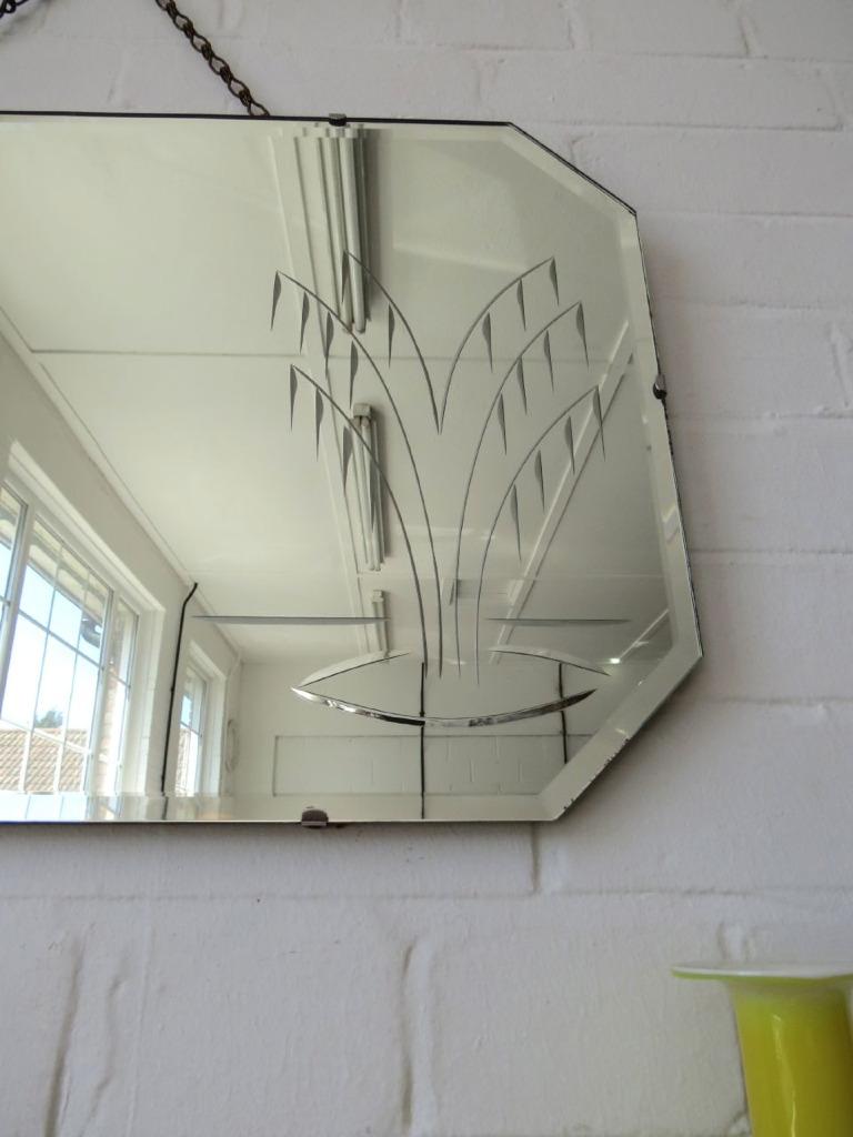 Vintage Large Art Deco Bevelled Edge Wall Mirror with Engraved Pattern