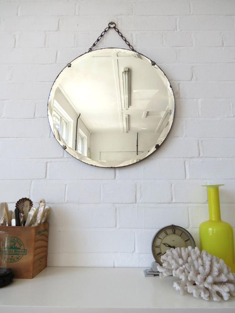 Vintage Extra Large Round Art Deco Bevelled Edge Wall Mirror or