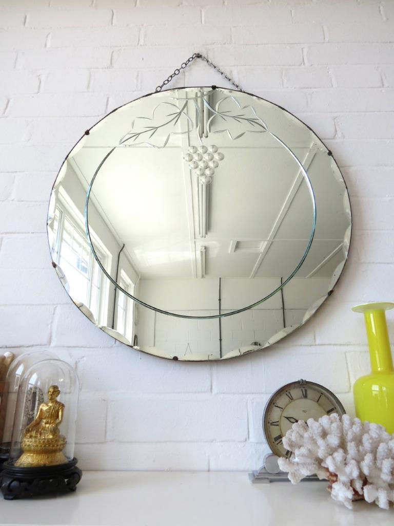 Vintage Large Round Art Deco Bevelled Edge Wall Mirror