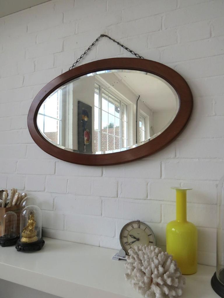 Vintage Large Oval Art Deco Bevelled Edge Wall Mirror with Wooden Frame