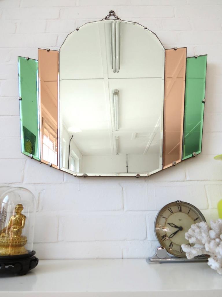 Vintage Art Deco Bevelled Edge Wall Mirror with Colored